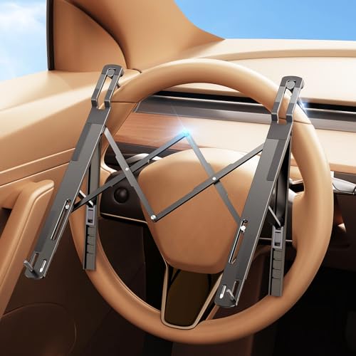 Car Laptop Mount Steering Wheel Tray Holder, Height Adjustable Car Desk for Laptop Computer Tablet, Foldable Portable Lap Laptop Stand for Car Vehicle Workstation Accessories Truck SUV Tesla - color: Metallic Gray