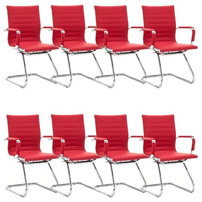 Office Desk Chair Set of 8,No Wheels PU Leather Computer Chairs Mid Back Guest Chairs with Seld Base for School/Reception/Conference/Waiting Room,Burgundy Red - color: Deep Red, size: 8PCS