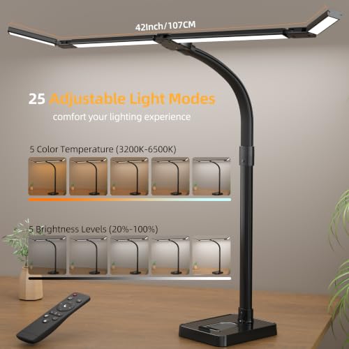 LED Desk Lamp for Home Office, Eye-Caring Desk Light with Remote,Adjustable Flexible Gooseneck,1800LMUltra Bright Table Lamp with Base for Study, Read (Black) (Plus) - size: Plus