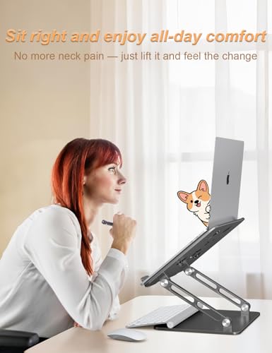 Aoviho Aluminum Laptop Stand for Desk Fit for All 10"-17.3" Laptops, Grey | Height-adjustable Notebook Holder, Ergonomic Computer Riser with Unique Puppy Cooling Vent, for Mac, Dell, Lenovo, HP - color: Gray
