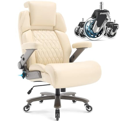 Big and Tall Office Chair 700lbs, Ergonomic High Back Computer Desk Chair | Adjustable Headrest&Lumbar Support, 3D Flip Arms, Large Wheels, Heavy Duty Metal Base, Thick Padded Wide Seat Executive Chair - color: Beige
