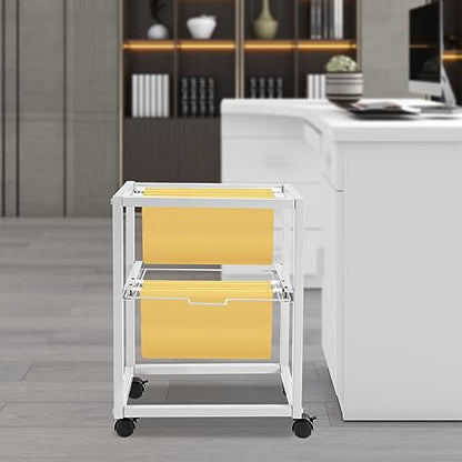 2 Tiers Metal Rolling File Carts with Wheels,Hanging Files Movable Pull-Out Folder Rack,Drawer File Cabinet Movable Pull-Out File Cabinet for Office, Classroom, Home Study, or Printer Room