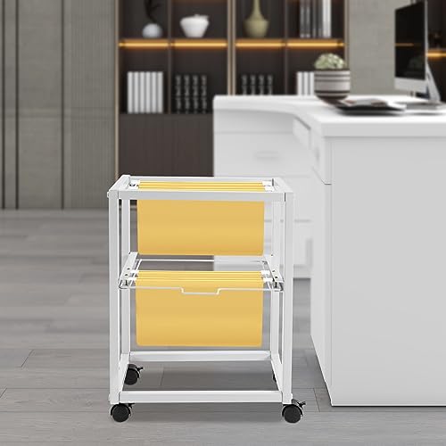 2 Tiers Metal Rolling File Carts with Wheels,Hanging Files Movable Pull-Out Folder Rack,Drawer File Cabinet Movable Pull-Out File Cabinet for Office, Classroom, Home Study, or Printer Room