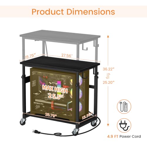 Snughome Oversized Computer Tower Stand with Extended Top & Charging Station, 25.2''-36.2'' Height-Adjustable PC Tower Stand, Rolling CPU Cart with Lockable Wheels for Office Home Gaming - size: 27.56" L x 15.75" W x 36.22"