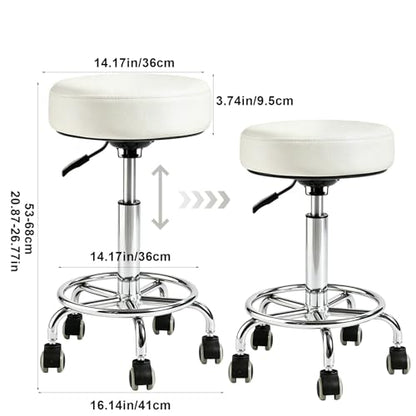 Rolling Stool with Wheels, Comfort Cushion Professional Swivel Drafting Stool, Height Adjustable Heavy Duty 500 lb Stool with Silent Casters and Foot Ring for Salon Tattoo Clinic Home Office, White - color: White