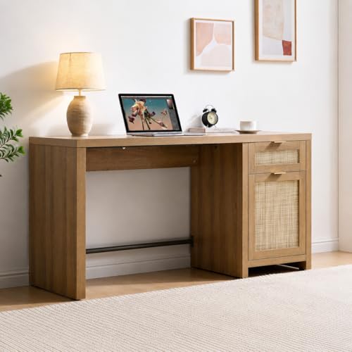 SICOTAS Rattan Computer Desk Wood Desk with Drawer, 59" Home Office Desk | Large Boho Farmhouse Writing Table Vanity Desk with Cabinet for Office, Study, Living Room, Dining Room - size: 1 Piece