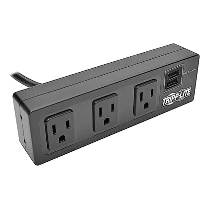 Tripp Lite 3 Outlet Surge Protector Power Strip with Desk Clamp, 10ft. Cord, 510 Joules, 2 USB Charging Ports, Black, $20K Insurance & Lifetime Manufacturer's Guarantee (TLP310USBC)