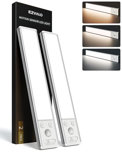 EZVALO 10inch Under Cabinet Lighting, 2500mAh Rechargeable Motion Sensor Lights Indoor with 3 Color Temps, 2 Pack Magnetic Closet Light, 80 LED Dimmable Under Counter Lights for Kitchen, Shelf, Stair - color: Silver, size: 10 Inch
