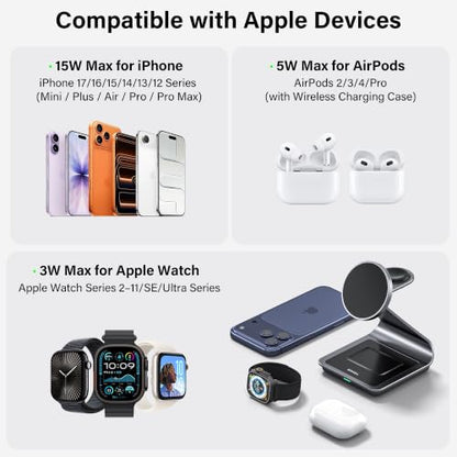 3-in-1 Wireless Charging Station for iPhone 17/16/15/14/13/12 Series, Apple Watch & AirPods, Aluminum Magnetic Charger Stand, MagSafe Compatible Fast Charging Dock for Multiple Devices