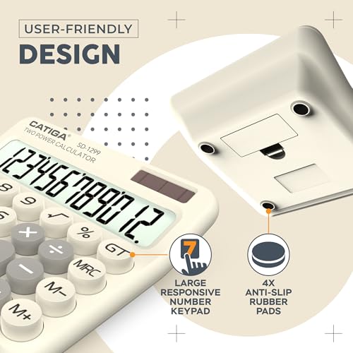 CATIGA Mechanical Switch Calculator with Solar and Battery Dual Power, 12-Digit Large LCD Display, Aesthetic and Cute Desktop Calculator with Big Button, for Home, School and Office Use, SD-1299 - color: Z) Beige