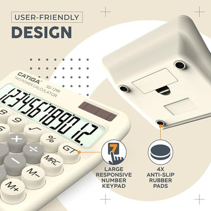 CATIGA Mechanical Switch Calculator with Solar and Battery Dual Power, 12-Digit Large LCD Display, Aesthetic and Cute Desktop Calculator with Big Button, for Home, School and Office Use, SD-1299 - color: Z) Beige