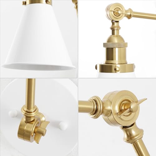 JONATHAN Y Rover 1-Light Wall Sconce 7", White/Brass Gold | Adjustable Arm, Hardwired Bedside Reading Swing Arm, Farmhouse Cone Shade, Metal Hardwired Indoor Fixture, LED Bulbs Included - color: White/Brass Gold, size: Set of 1