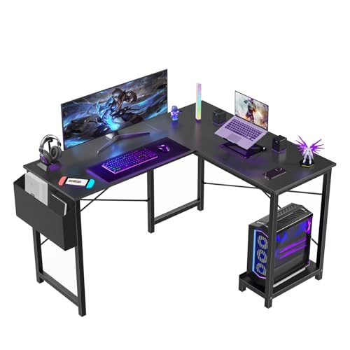 Sweetcrispy L Shaped Desk - Computer Gaming Corner Desk | PC Table Organizer with CPU Stand Side Bag for Home Office Dorm Sturdy, Writing Workstation, Black, 50-Inch