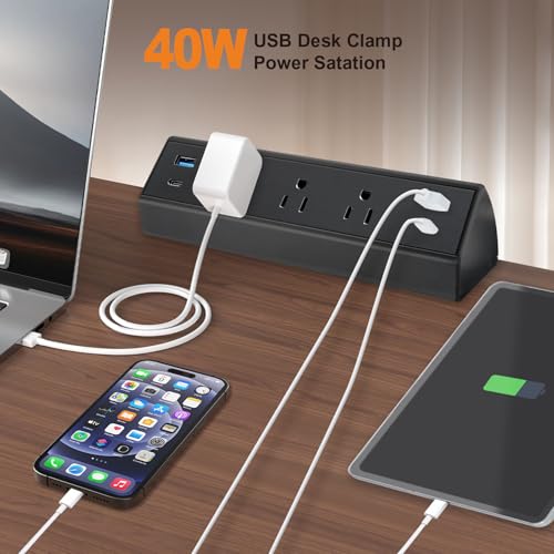 Fast Charge USB C Desk Clamp Power Strip 40W, Desktop Edge Mount 2 PD 20W USB-C Ports&2 QC 18W USB A Ports 3 Outlets Flat Plug for Home Office School Hotel ETL (Black) - color: Black