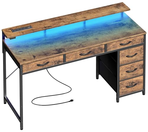 Huuger Gaming Desk with 6 Drawers, Computer Desk with LED Lights Power Outlets and Type-C, 47 Inch Office Desk with Storage, Monitor Stand, Writing Work Desk for Home Office, Rustic Brown - color: Rustic Brown, size: 47 inch