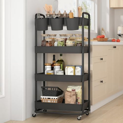 4-Tier Plastic Rolling Storage Cart Utility Cart with Extra Hanging Cups Handles Lockable Wheels for Living Room Bathroom Kitchen Office Black | Utility Cart with Extra Hanging Cups Arc-Shaped Handles Lockable Wheels for Living Room Bathroom Kitchen Offic