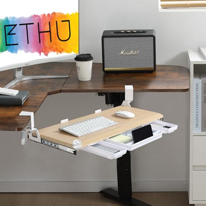 ETHU Corner Keyboard Tray Under Desk with Metal Rail, 26.8x11.8", Oak - color: Oak