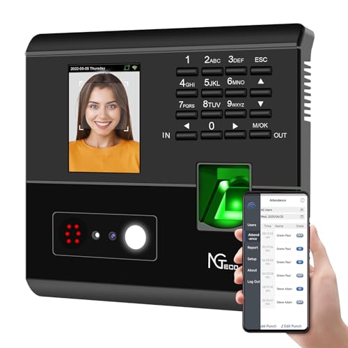 NGTeco APP Time Clock for Small Business, 4-in-1 Mode, No Monthly Fee | Employee Attendance Machine with Face, Fingerprint, RFID & PIN Check-in, 10 RFID Cards, 2.4G WiFi, Flexible Shift Management