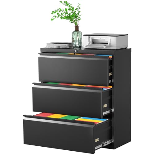Pataku Metal Lateral File Cabinet with Lock, Steel Lateral Filing Cabinet 3 Drawer, Locking Office Home Wide Organization File Cabinet for Hanging Files Letter/Legal/F4/A4 Size(3Drawer/Black) - color: Black, size: 3 drawer