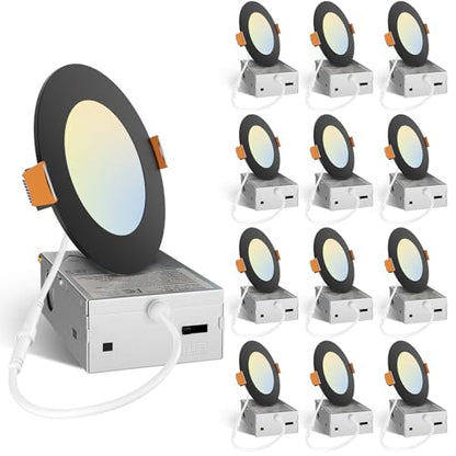 Amico 12 Pack 4 Inch LED Recessed Lighting, Canless Wafer Downlight, Black | 5CCT 2700K-5000K, 5%-100% Dimmable, Ultra-thin, Metal housing, 800LM 11W 120V, IC & Damp Rated, ETL & FCC, 50000h Life Span - color: Black, size: 4 Inch
