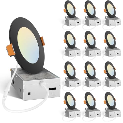 Amico 12 Pack 4 Inch LED Recessed Lighting, Canless Wafer Downlight, Black | 5CCT 2700K-5000K, 5%-100% Dimmable, Ultra-thin, Metal housing, 800LM 11W 120V, IC & Damp Rated, ETL & FCC, 50000h Life Span - color: Black, size: 4 Inch