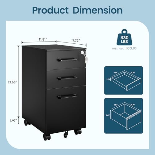 MIIIKO File Cabinet 3 Drawers on Wheels Under Desk, Black Metal File Cabinets with Lock for Home Office, Filing Cabinet with Lock(Un-Assembled) - color: Black, size: 3 Drawer-11.8"W -Mobile