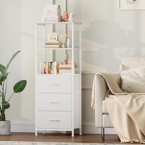 Somdot 5 Tier Bookshelf with 3 Drawers, Narrow Storage Bookcase for Bedroom | Tall Metal Frame Bookcase for Small Spaces, Living Room and Home Office, White - color: White