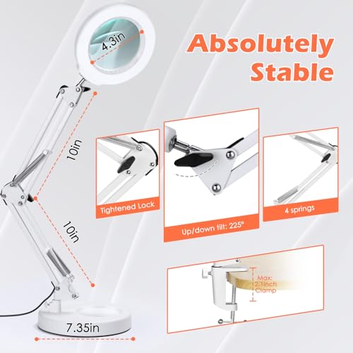 12X Magnifying Glass with Light and Stand, Real Glass Lens Desk Lamp, Lighted Magnifier with Light Stepless Dimming Hands Free for Craft, Reading, Painting, Sewing, Solder - White - color: White