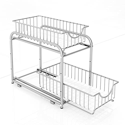 2-Tier Pull Out Organizer Under Sink Sliding Cabinet Rack,Sliver | Stackable sliding basket metal organizer with adjustable height and anti slip pad. Ideal for under sink or cabinet storage. - color: Silver