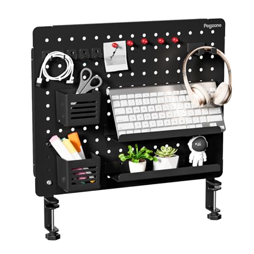 PEGZONE Clamp on Desk Pegboard, 20.4" x 16.5", with 15 Accessories, Black | Magnetic Metal Peg Board, Desk Organizer for Office Gaming Home, Privacy Panel, Large - color: Black, size: Large