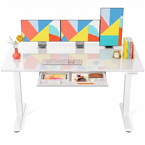 Marsail Glass Standing Desk with Drawer, 55 x 28 Inches Adjustable Desk, Home Office Desks with One-Piece Tempered Glass Top, Ergonomic Home Office Sit Stand Desk with 4 Preset Heights, White