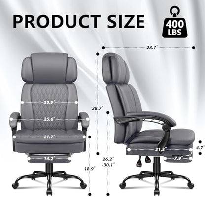 Office Chair with Foot Rest 400lbs, Heavy Duty Executive Leather Office Chair for Heavy People,Big and Tall High Back Ergonomic Comfy Office Desk Chair with Lumbar Support,Grey - color: Grey