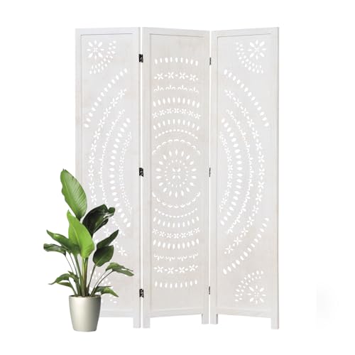66.9Inch Folding Room Divider, 3 Panels Wood Carved Privacy Screens, Free Assembled Freestanding Partition for Home Office Restaurant Bedroom (White-Washed) - color: White-washed, size: 3 Panels
