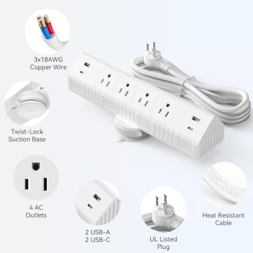 Desktop Suction Cup Power Strip 4.9Ft,Table Surge Protector - color: White