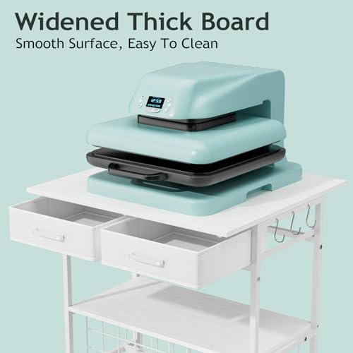 Homsorout Movable Heat Press Table with Drawer & Hooks, 23.6''×19.6'' - style: White