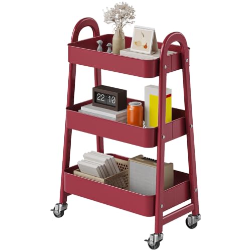 OLIXIS Metal 3 Tiers Rolling Storage Utility Cart with Lockable Wheels - color: Red, size: 3-Tiered 17 inches