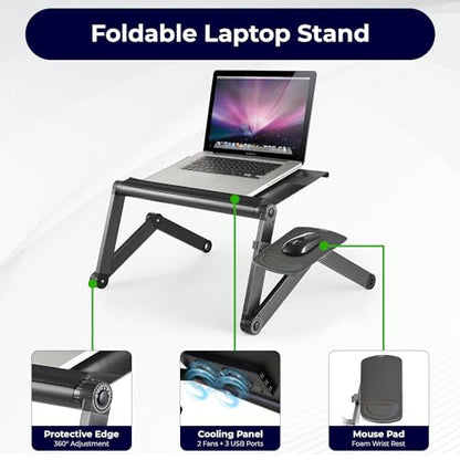 WorkEZ Cooling Adjustable Laptop Stand for Desk w/Fan USB Ports Mouse Pad Ergonomic Foldable Laptop Stand Riser Portable Computer Holder, Black | WorkEZ Cool laptop stand for desk, with adjustable height, tilt and a removable mouse pad. Also works in bed