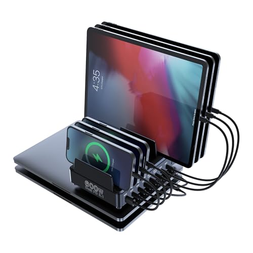 600W USB C Charging Station with Charging Stand (Black) | GaN Tech 10-Port PD3.1 140W QC60W Multiple Devices Charger Organizer for MacBook Laptop, iPad, iPhone and More