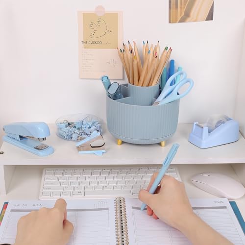 SKYDUE Blue Desk Accessories 11Pcs with Rotating Pen Holder for Desk | Included Stapler with Staples, Staple Remover, Tape Dispenser,2pcs Tape Refills, Binder Paper Clips Kit, Scissor, 2pcs Pens - color: Blue