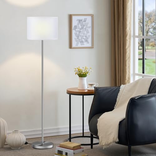 Ambimall 60'' Modern Floor Lamp with Shade, Tall Lamps for Living Room, Bedroom, Office, Dining Room, White Shade with Silver Pole(Without Bulb) - color: White Silver (1 Pcs), size: 60 Inches(Without Bulb)