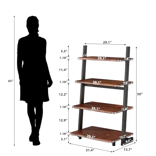 IBF 4-Tier Solid Wood Ladder Bookshelf with Natural Live Edge | Rustic Walnut Storage & Display Leaning Bookcase, Modern Space-Saving Shelf for Living Room, Bedroom, Home Office - size: 4 Tier