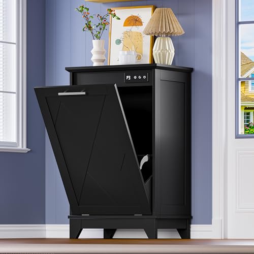 BORNOON Tilt Out Trash Can Cabinet, Hidden Trash Can Cabinet with Odor Control, Negative Ion & Ozone, Wooden Laundry Hamper Cabinet, Single Trash Cabinet for Kitchen, Bathroom, Laundry Room, White - color: Black, size: Single Cabinets