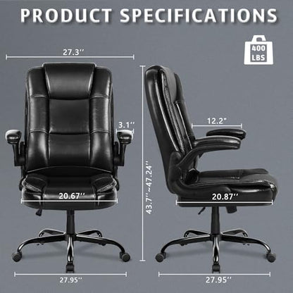 LEMBERI Flip-up Arms Office Desk Chair Big and Tall Managerial Executive Chair, High Back Computer Chair Ergonomic Adjustable Height PU Leather Chairs with Armrest for Long Time Sitting - color: New Black