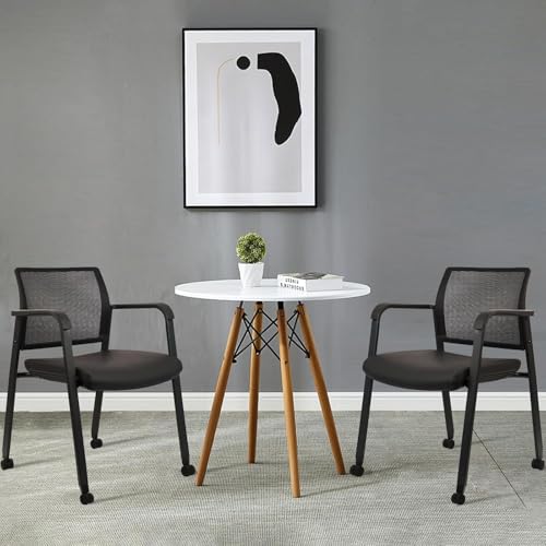 CLATINA Stacking Office Chair with Wheels, Mesh Back Waiting Room Guest Chairs with Arms Comfortable Leather Cushion Stackable Desk Chair for Conference Reception School, Black, 8 PK