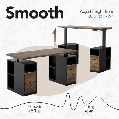 HUANUO 55" Standing Desk with Drawers, Executive Electric Height Adjustable Stand Up Desk with Storage, Black Walnut - size: 55"