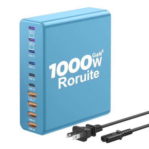 1000W USB C Charging Station, 120W PD GaN5 Super Fast USB C Charger Block | Roruite Type C for PC Laptop MacBook Pro/Air 10 Port Charger Compatible with iPhone 17 16 15 14 13 12 Pro Max, iPad, Galaxy - color: Blue