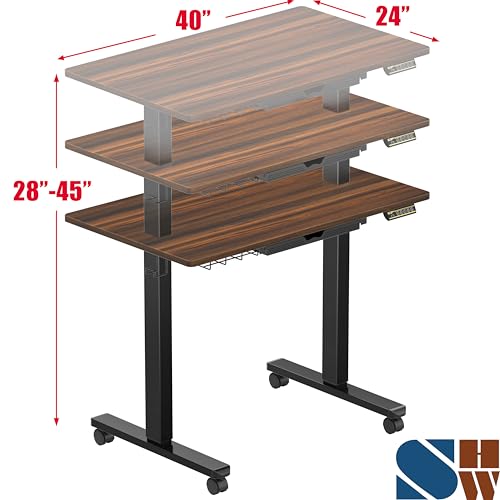 SHW Mobile Electric Height Adjustable Standing Desk w/Drawer, Black | 40" Wide Top | w/ Memory Presets and Cable Management | Drawer with adjustable compartments | Hanging Hooks - color: Walnut