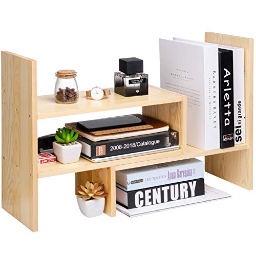 Desktop Organizer Office Storage Rack Adjustable Natural Wood Display Book Shelf Stand Rack Wood Caddy Desk Organizer Set Office Storage Expandable Tabletop - color: Beige