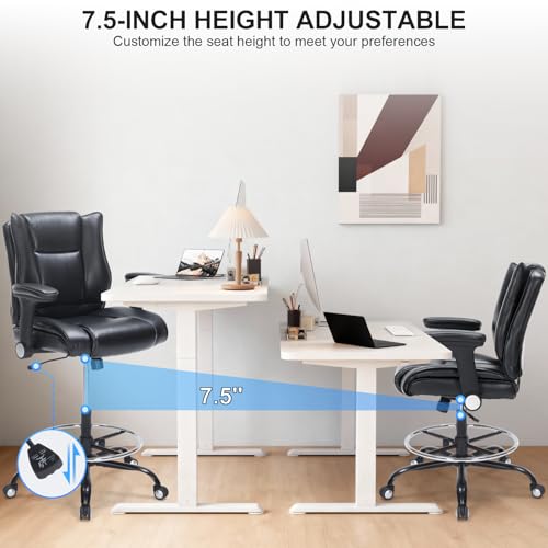 Office Drafting Chair, Tall Desk Chair with Adjustable Armrests and Footrest Ring PU Leather Standing Desk Chair with Extra Thicken Seat Cushion, Comfy High Office Chair for Counter Height Desk, Black