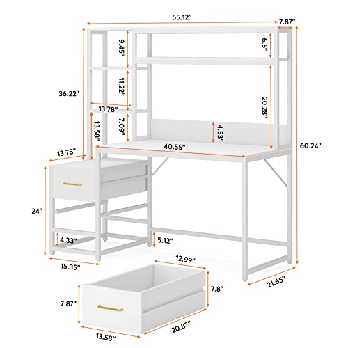 Tribesigns 55 Inch Computer Desk with 2 Drawers and Storage Shelves, Rustic Office Desk with Hutch, Study Writing Gaming Table Laptop Workstation for Home Office (White) - color: White